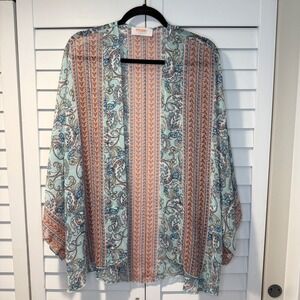 Renee‎ C Womens Paisley Kimono Cardigan Turquoise Peach Open Front L Boho USA